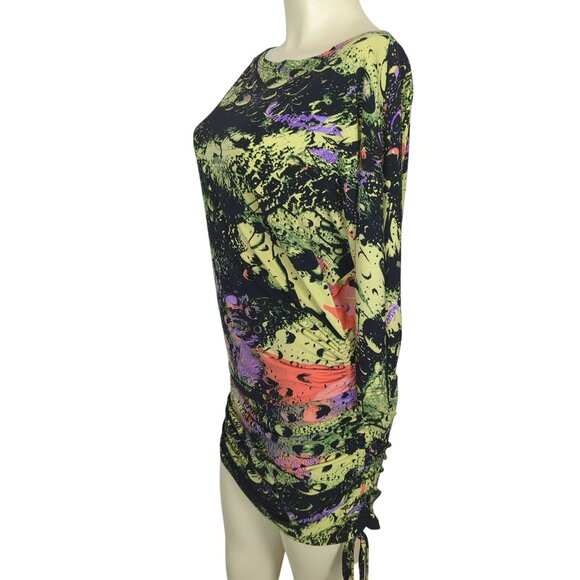 Julian Chang Abstract Art colorful Ruched Drawstring Mini Dress Dolman sleeves M - Picture 7 of 16